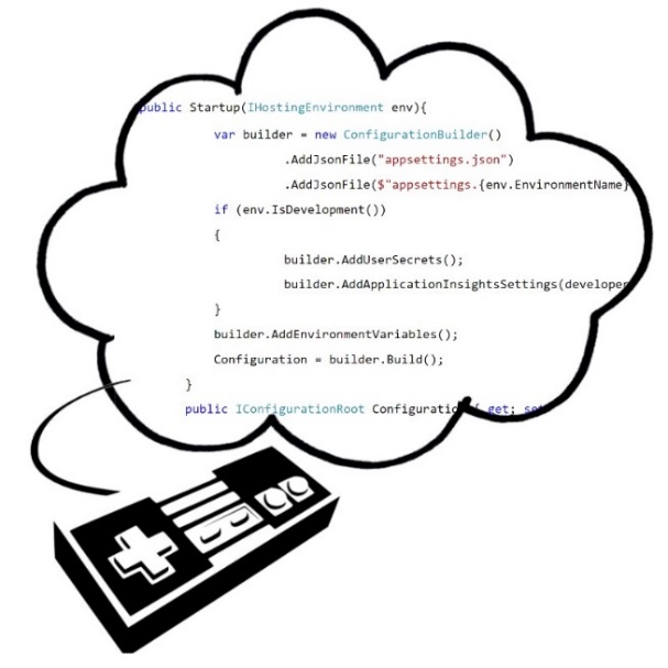 A cloud with source code in it and a controller on side