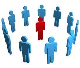 Illustration showing one red person surrounded by a dozen blue people