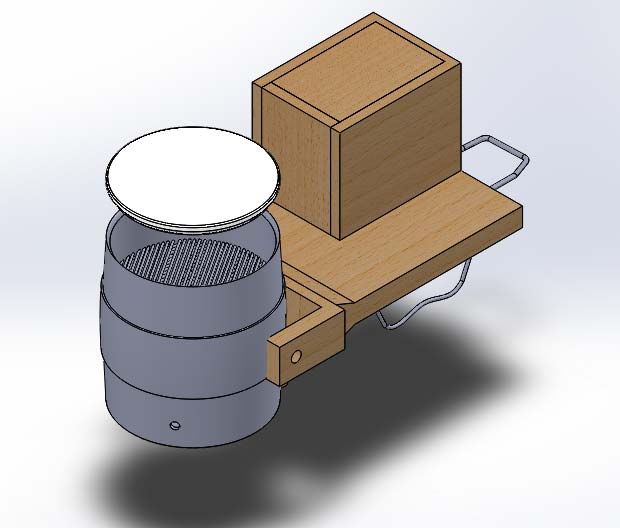 Illustration of a water bottle attached to a wooden device