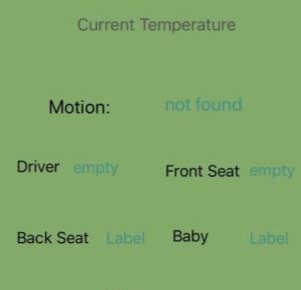 Screen shot showing status of motion, driver, front seat, back seat, baby