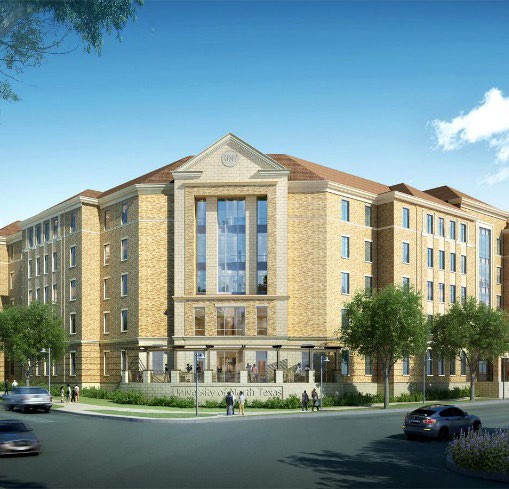 The UNT Joe Greene Residence Hall exterior rendering