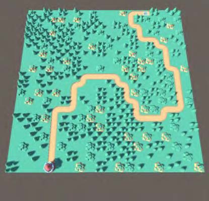 Screenshot showing generated green environment with obstables and a yellow path