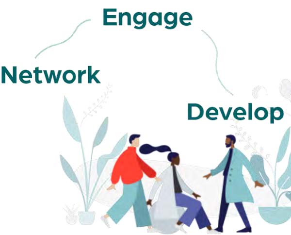 Graphic with words: "Engage", "Network", and "Develop"