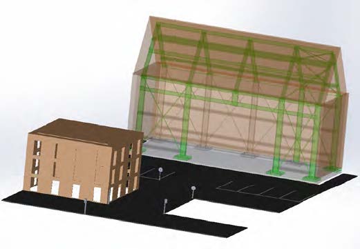 Render of the lab with a warehouse, a smaller building and roads, parking. 