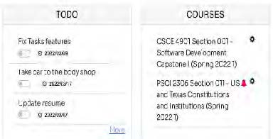 Screenshot showing TODO tasks and Courses