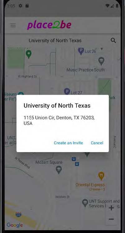 Phone screenshot showing UNT map with a popup of a location and "Create an Invite" button