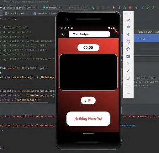 Screenshot of a phone app Vocal Analyzer page with coding desktop page on the background