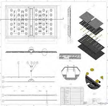 Render and drawing of the floor mat with piezoelectric transducers