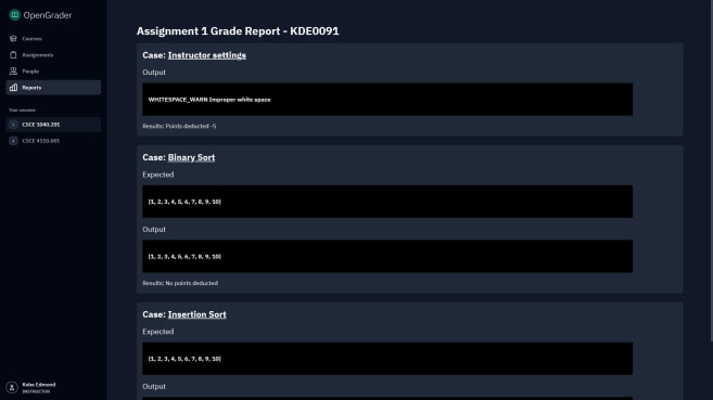 Screenshot of a grade report page