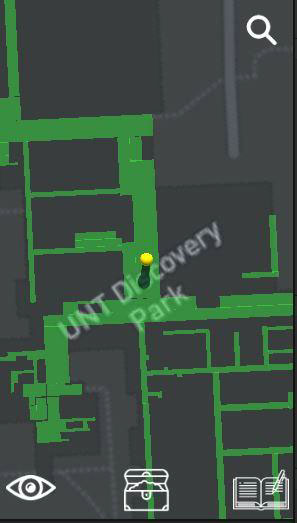 Map showing yellow cap pin on green paths