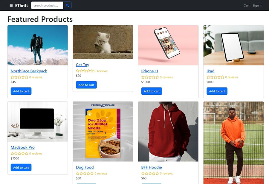Screenshot of the wesite with featured products displaying