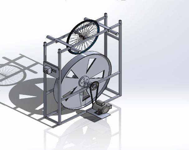 Render of the tire testing machine with a tire mounted at the top