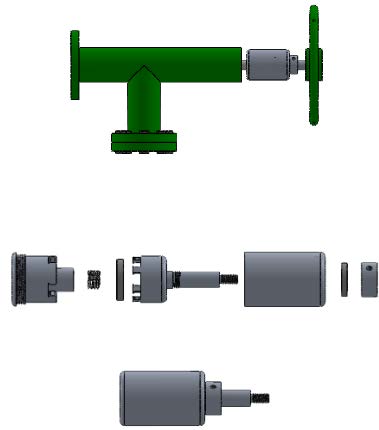 Render of the locking device installed, and its parts separated