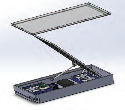 Drawing of a box with a lifted top and circuits at bottom