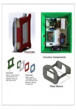 Image and drawings showing circuitry components, piezo mount, piezo cake and other parts