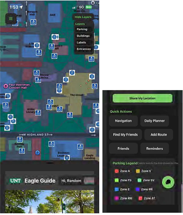 Two phone screenshots showing a map with markings and a Quick Actions menu
