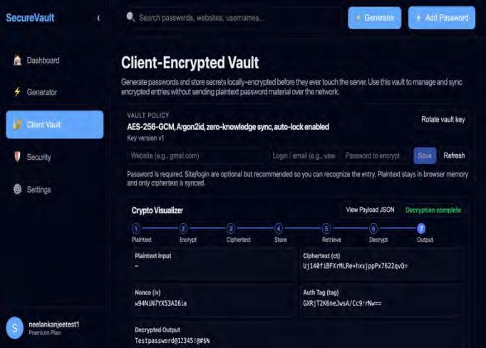 Screenshot of the secure vault page