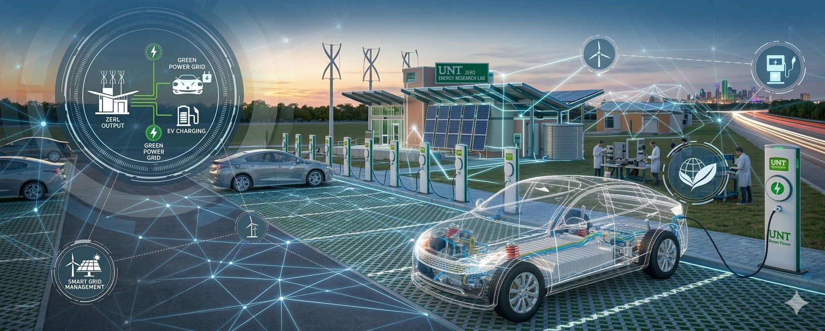 Illustration of EV charging with ZOE lab behind