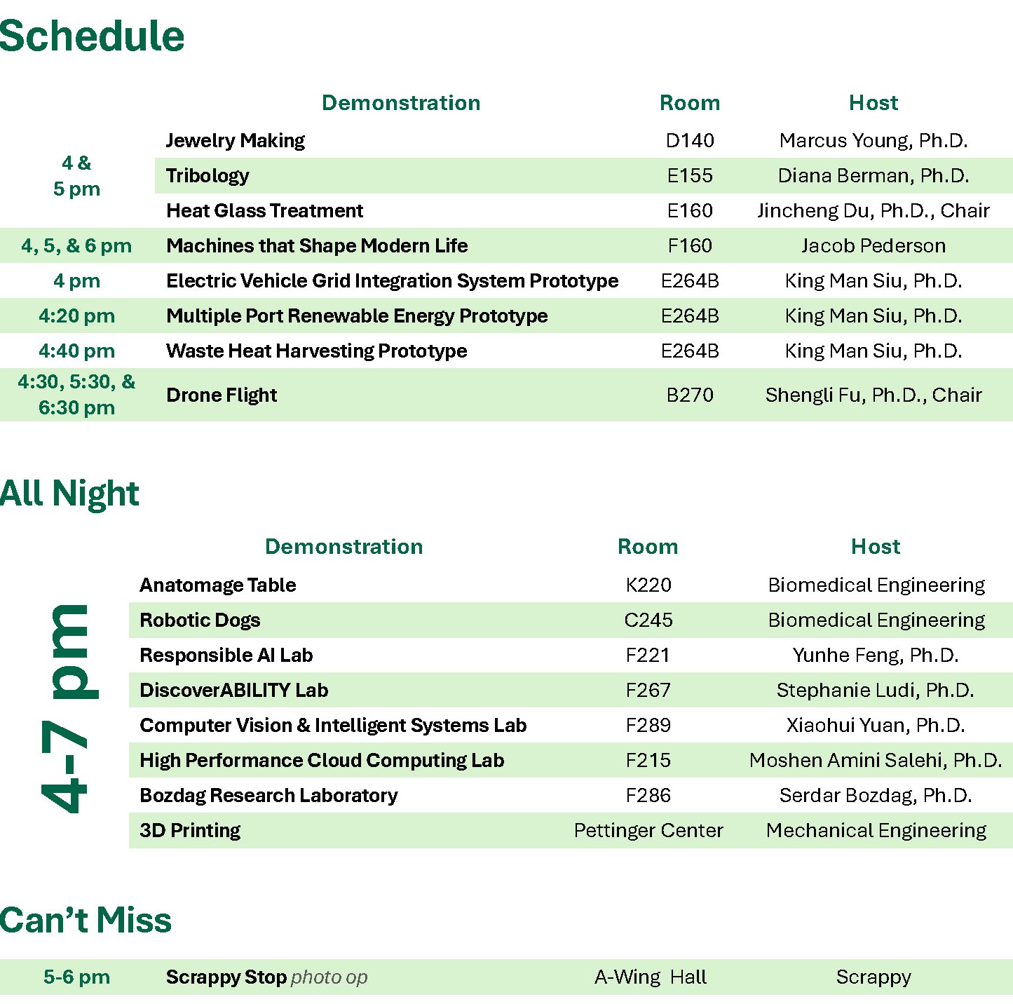 Schedule Detail for demo times and can't miss opportunities