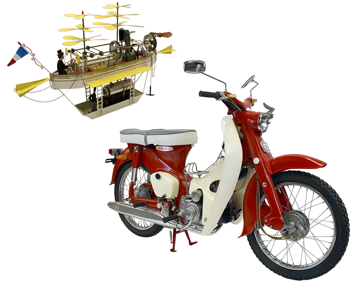 A motorcycle and a model boat