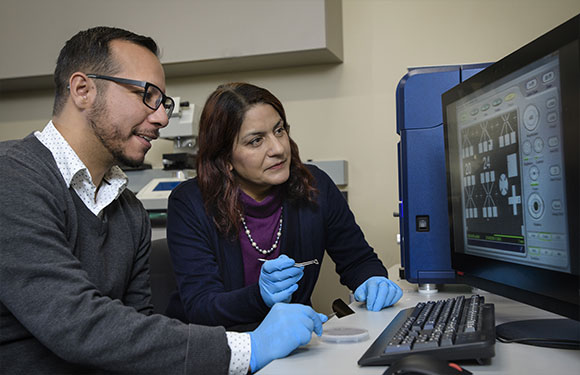 Anupama Kaul and her PhD student Gustavo Lara Saenz in front of computer screen.