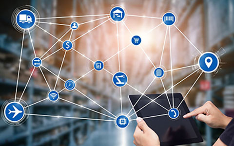 A network of connected transportation and storage icons on top of storage facility background