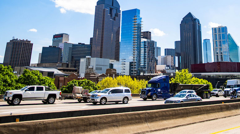 Dallas road with skyline backdrop