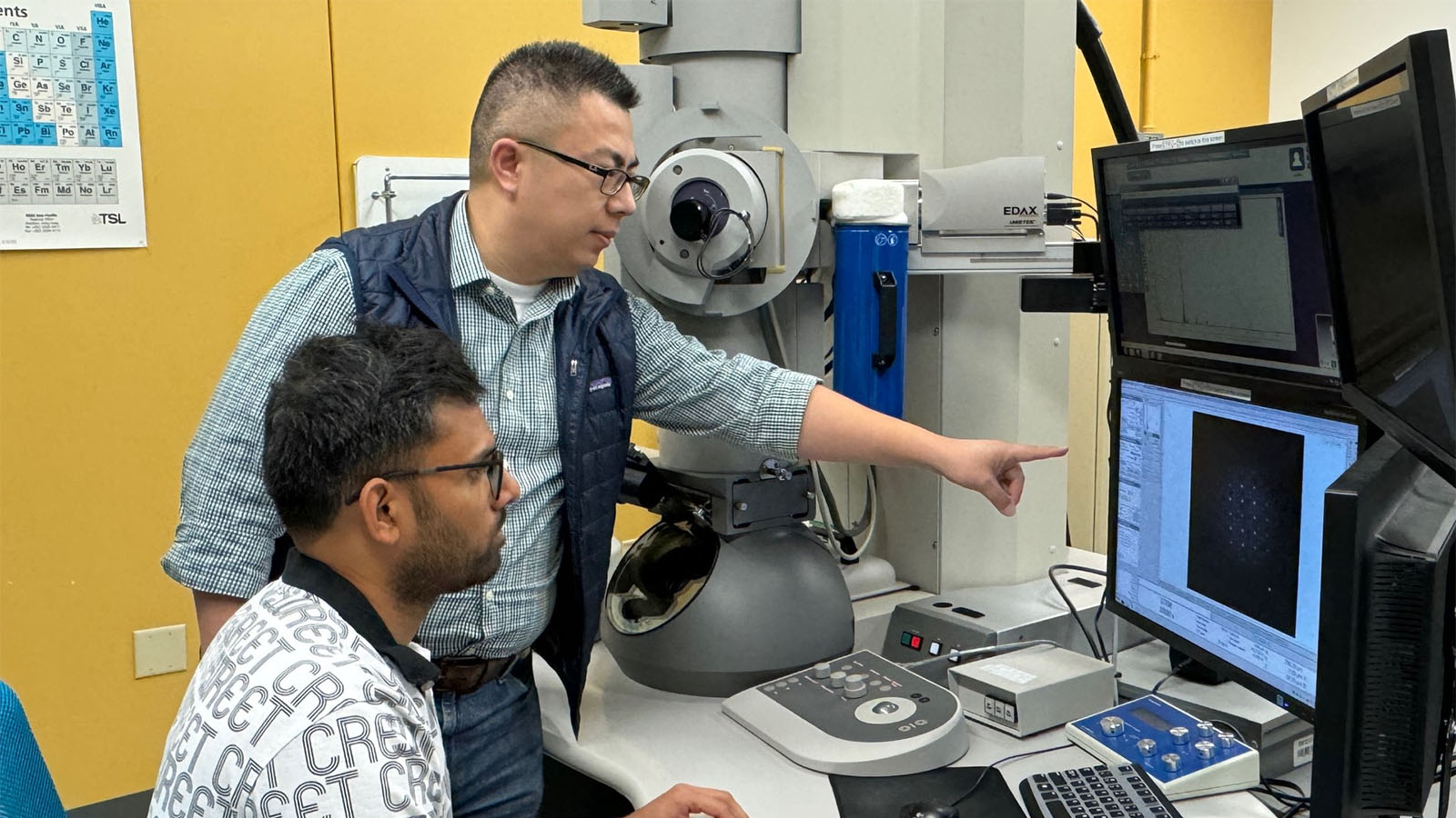 Dr. Yufeng Zheng and graduate student Deepak Pillai working in UNT Materials Research Facility