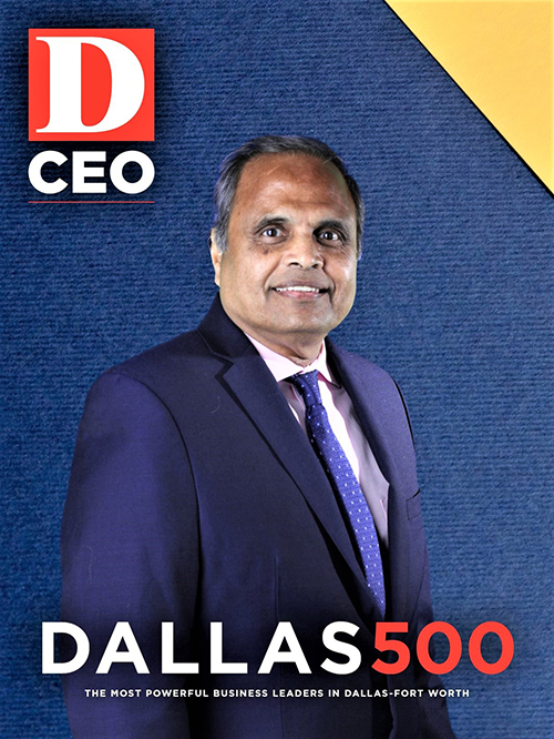 DCEO cover-style photo with Ram Dantu centered in a suit and "DALLAS 500" written below. The background is blue.