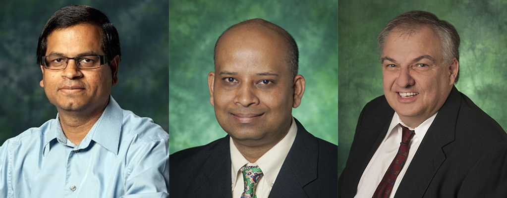 Headshots of Mohanty, Rout, and Kougianos with green backdrops