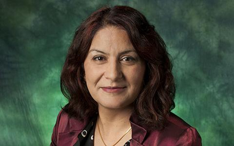 Headshot of Anupama Kaul with a UNT green backdrop
