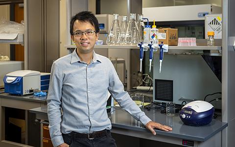 Clement Chan stands in his lab, his hand resting on the counter, with beakers behind him